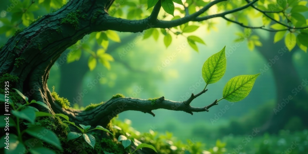 Fototapeta premium Serene Forest Scene Sunlight Illuminates Vibrant Green Foliage and Mossy Tree Trunk