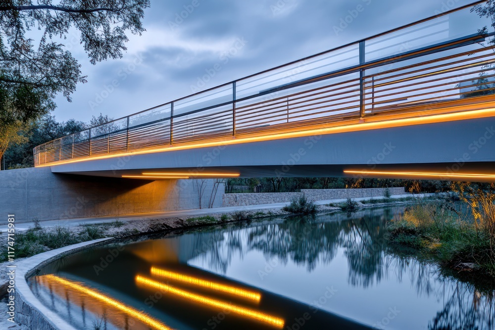 A modern bridge with fluid architectural lines, illuminated railings, and a reflective surface mirroring a tranquil river below A modern bridge with fluid architectural lines, illuminated railings, and a reflective surface mirroring a tranquil river below