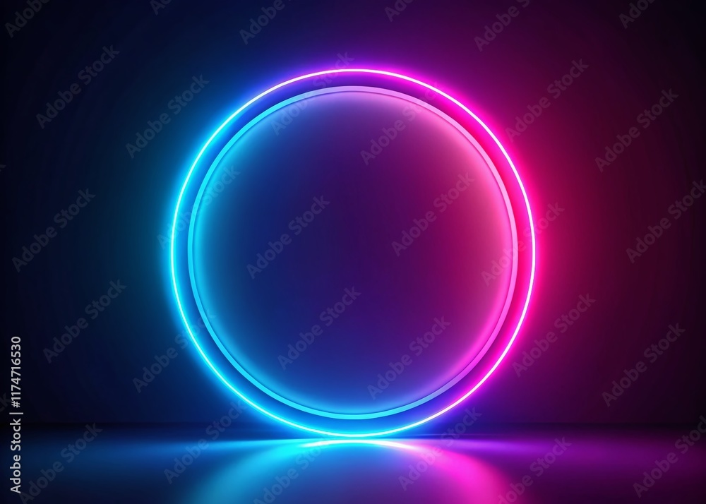 Fototapeta premium 80s Retro Neon Pink Blue Circle Frame Glowing Light Ring Dark Background Copy Space