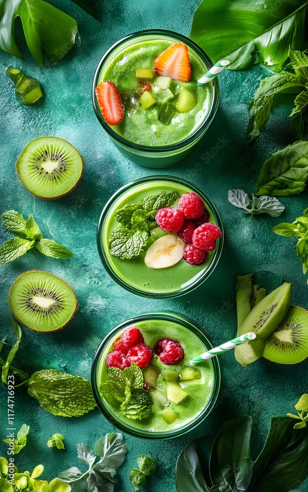 Fototapeta premium Menu for matcha smoothies in a sleek, modern font with artistic images of vibrant smoothies, clean design