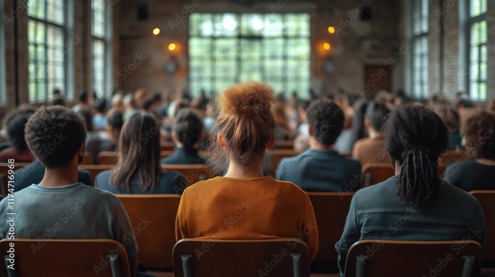 Participants are seated in a well-lit hall for an educational seminar, focused on a speaker at the front. atmosphere is one of concentration and learning, with diverse attendees Participants are seated in a well-lit hall for an educational seminar, focused on a speaker at the front. atmosphere is one of concentration and learning, with diverse attendees