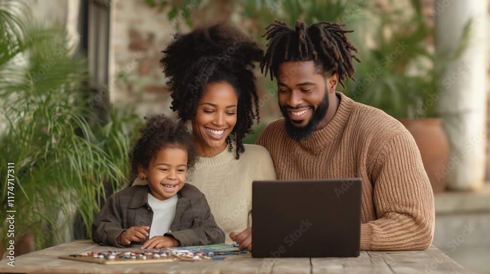 joyful family of three, including a child, shares laughter while interacting with a laptop at a wooden table in a bright, plant-adorned living space, creating cherished memories joyful family of three, including a child, shares laughter while interacting with a laptop at a wooden table in a bright, plant-adorned living space, creating cherished memories