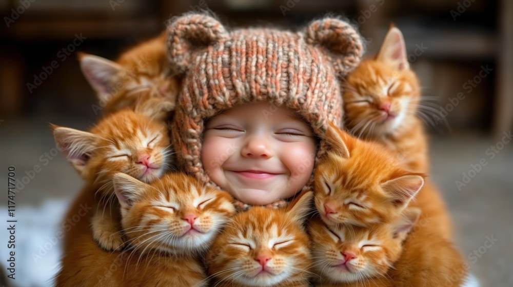 cheerful child in a knitted bear hat hugs several adorable orange kittens, radiating joy and warmth. cozy atmosphere enhances the playful interaction with the furry friends cheerful child in a knitted bear hat hugs several adorable orange kittens, radiating joy and warmth. cozy atmosphere enhances the playful interaction with the furry friends