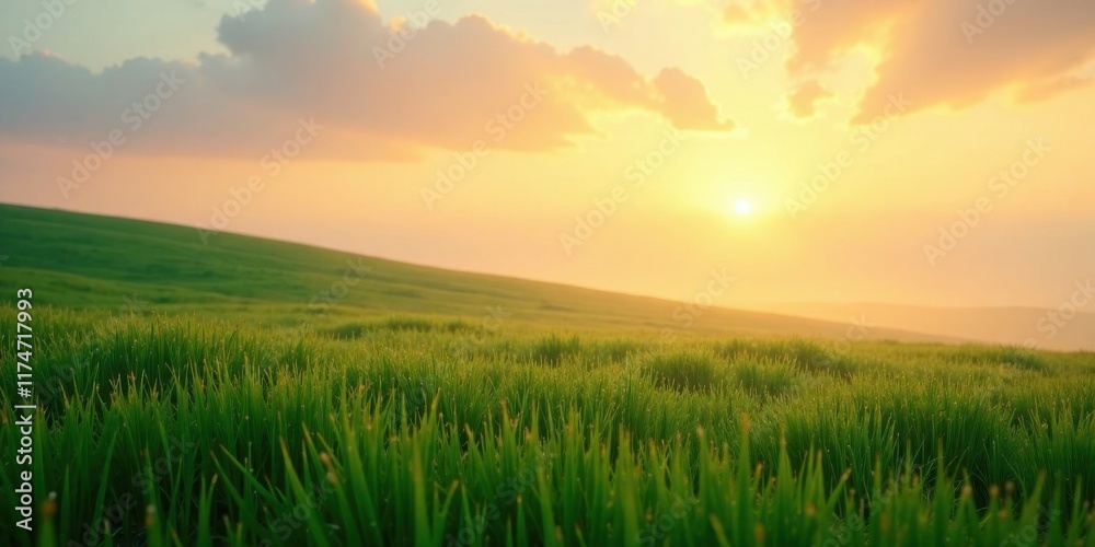Serene Sunset Over Lush Green Meadow, Dew-Kissed Blades of Grass Illuminated by Golden Hour Light Serene Sunset Over Lush Green Meadow, Dew-Kissed Blades of Grass Illuminated by Golden Hour Light
