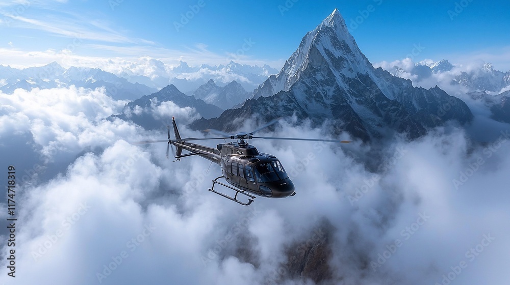 Obraz premium Helicopter flying over snow-capped mountains and clouds.