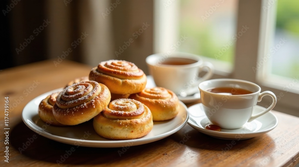 Sweet rolls and tea, a comforting morning treat enjoyed near a window
