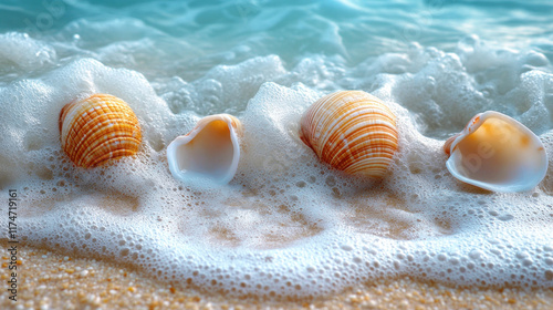 A beach scene with intricate seashells and smooth pebbles washed by gentle waves photo