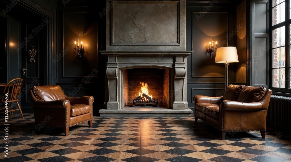Fototapeta premium Elegant leather armchairs flanking a warm, inviting fireplace in a sophisticated dark-paneled room with a geometric hardwood floor