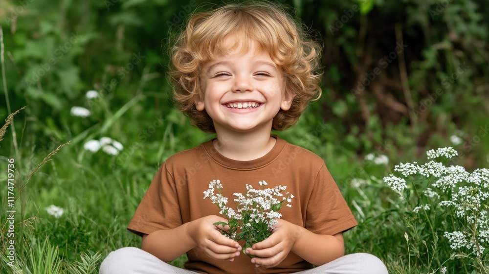 joyful child with curly hair sits on soft grass, holding a tiny bouquet of delicate wildflowers. bright smile reflects the happiness of a sunny day in nature joyful child with curly hair sits on soft grass, holding a tiny bouquet of delicate wildflowers. bright smile reflects the happiness of a sunny day in nature