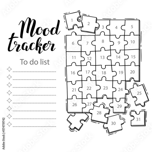 Mood tracker blank with hand drawn lettering and floral sketch. Bullet journal or monthly planer template. Printable organizer, diary, planner for important goals