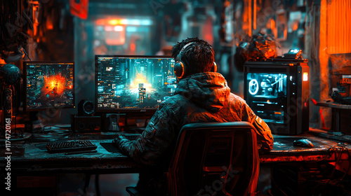 Gamer in Cyberpunk Style Gaming Setup photo