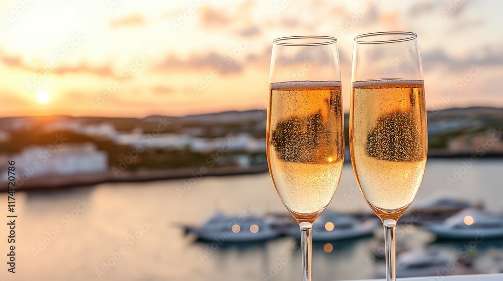 Two elegant glasses filled with sparkling wine stand on a ledge as the sun sets over a picturesque marina, reflecting warm hues in the water and creating a serene atmosphere Two elegant glasses filled with sparkling wine stand on a ledge as the sun sets over a picturesque marina, reflecting warm hues in the water and creating a serene atmosphere
