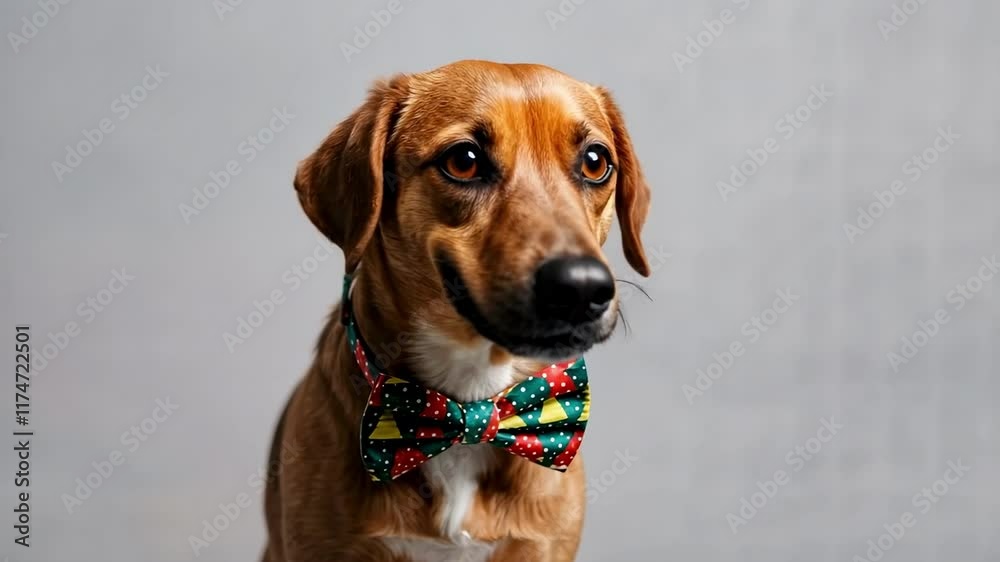 Charming dog with colorful bowtie posing playfully in studio sequence Charming dog with colorful bowtie posing playfully in studio sequence