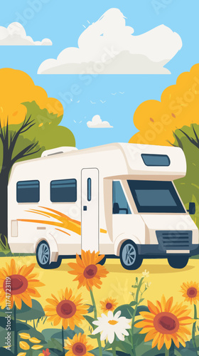 Retro RV Motorhome Adventure in Sunflower Field, Scenic Travel Illustration