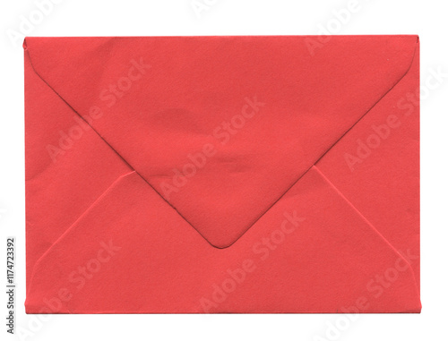 front view of old closed aged red paper envelope isolated on white