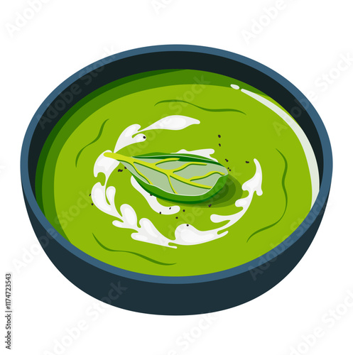 Spinach Soup with Cream in Bowl Illustration Isolated on White Background