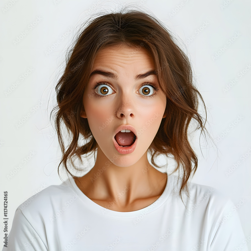 close up photo of beautiful woman with confused expression with two raised hands wearing t-shirt isolated in white studio

