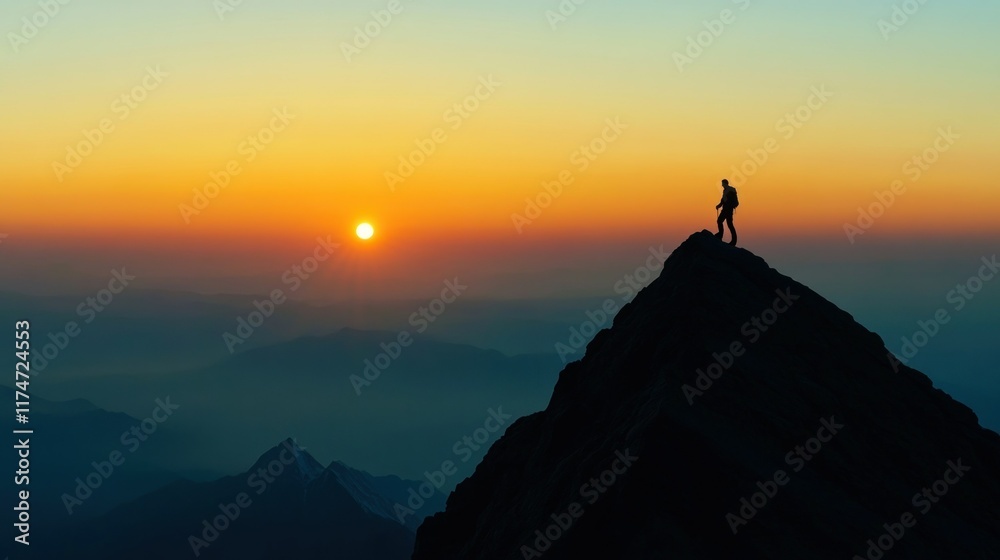 Climber at Sunset on Mountain Peak Surrounded by Scenic Landscape Climber at Sunset on Mountain Peak Surrounded by Scenic Landscape