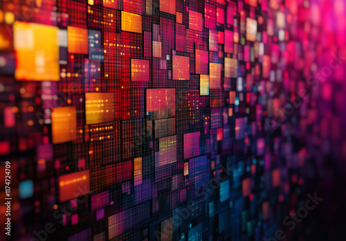 Vibrant Abstract Technology Background with Dynamic Mosaic Patterns and Colorful Digital Accents