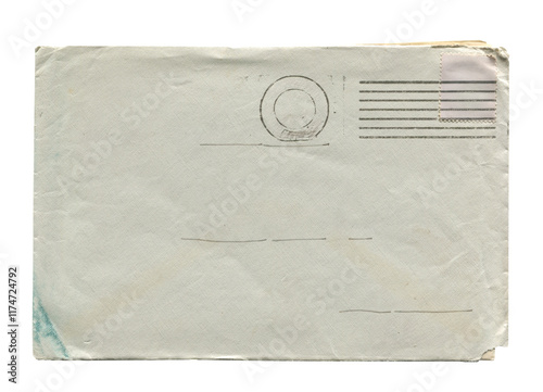 front view of old closed aged paper envelope with wrinkles and torn edges isolated on white photo