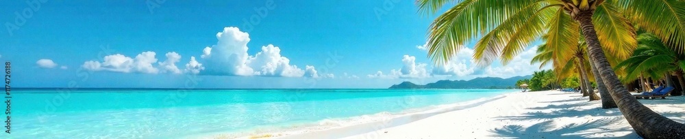 Obraz premium White sand, palm trees sway, clear blue water, tropical, serene, escape