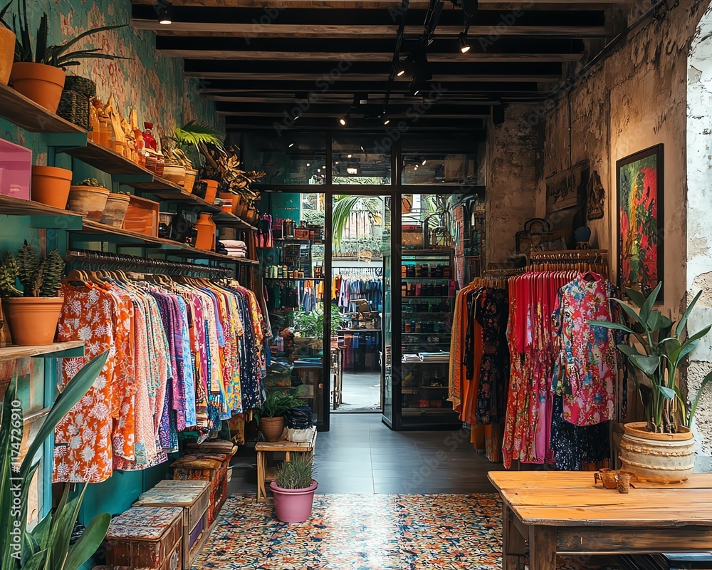 Fototapeta premium Colorful clothing store with vibrant apparel on racks