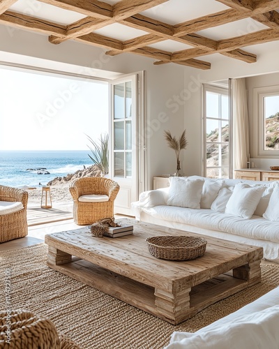 Light and airy living room with a bay window opening up to the ocean and beach, featuring white sofas, wicker chairs, wooden coffee table, woven accents, beachinspired cozy decor photo