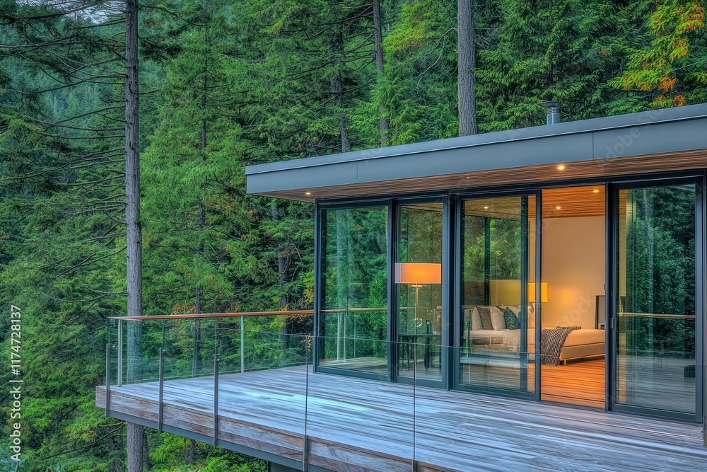 A modern glass cabin with sliding glass doors opening onto a deck, set against a backdrop of dense forest A modern glass cabin with sliding glass doors opening onto a deck, set against a backdrop of dense forest