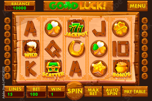 Patricks or Good Luck slot machine UI and full set of 12 slot symbols in wood style. Slot symbols- wild, jackpot, bonus and scatter