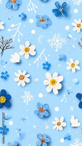 Floral pattern design digital artwork spring theme blue background colorful flowers creative concept photo