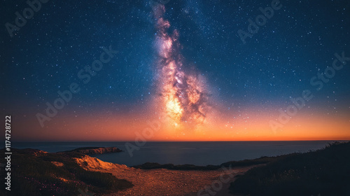 A skyscape showing a streak of the Milky Way across a clear, starry night