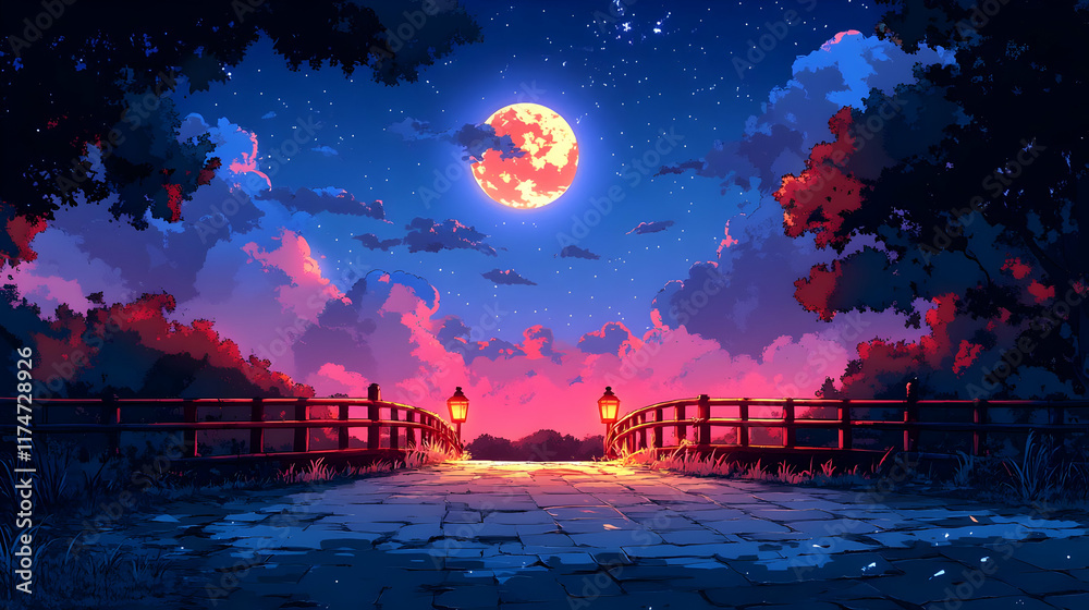 Night scene with full moon over bridge. Night scene with full moon over bridge.