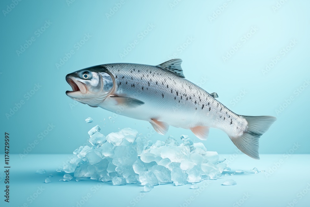 Obraz premium Fresh trout leaping out of ice culinary showcase studio setting vibrant blue background