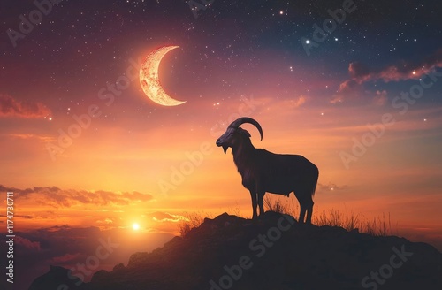 crescent moon and a goat against the background of a sunset sky, with space . Ramadan concept. Flat lay, real photo. photo