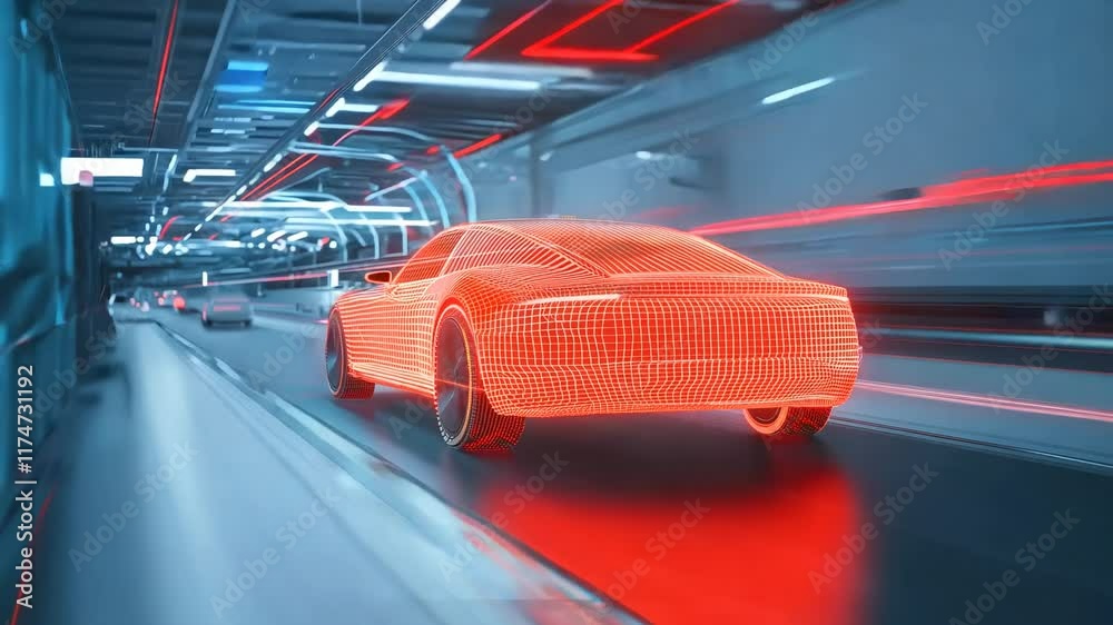 Cutting edge technology showcases a glowing racing car on a futuristic track at dusk in an innovative automotive facility