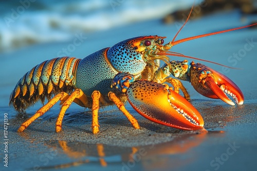 Colorful lobster crawls along the sandy beach at sunset near coastal waters