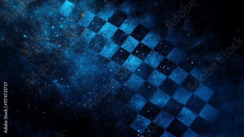Checkered flag graphic design with abstract background of blue dust and particles, creating a dynamic racing theme..