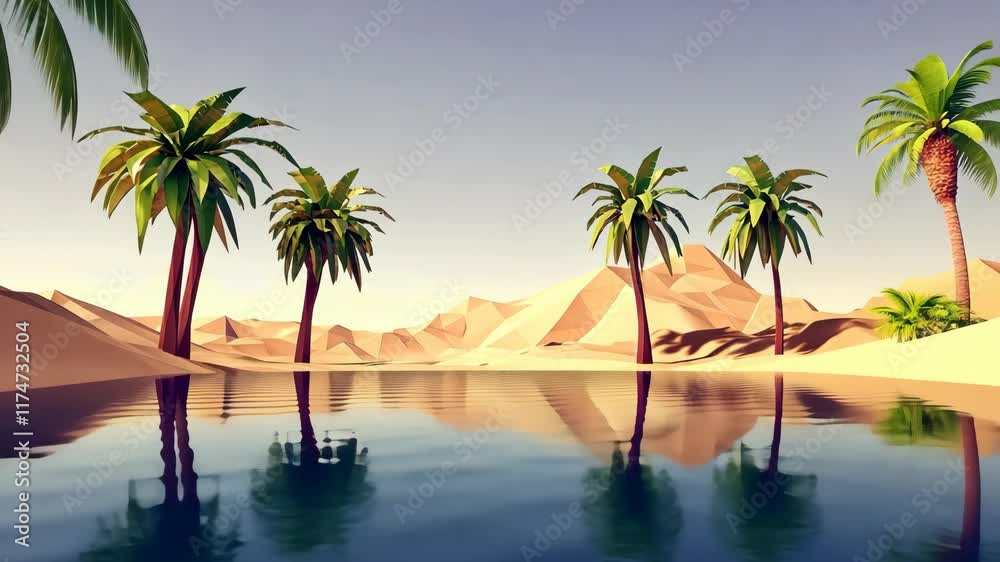 Serene Oasis Low Poly Palm Trees Reflecting in Calm Desert Water Serene Oasis Low Poly Palm Trees Reflecting in Calm Desert Water