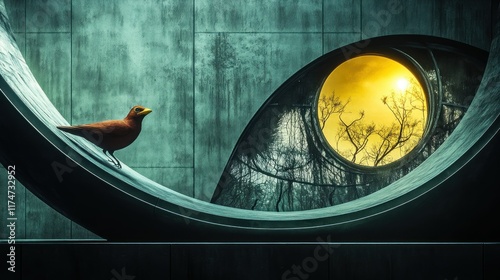 Artistic Representation of Bird and Abstract Architectural Element with Sunlight