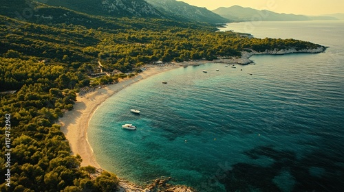 Aerial View of a Serene Beach Surrounded by Lush Greenery and Clear Waters