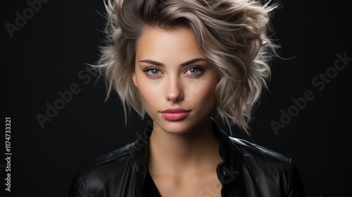 Stunning Portrait of a Woman with Short, Wavy Blonde Hair and Leather Jacket