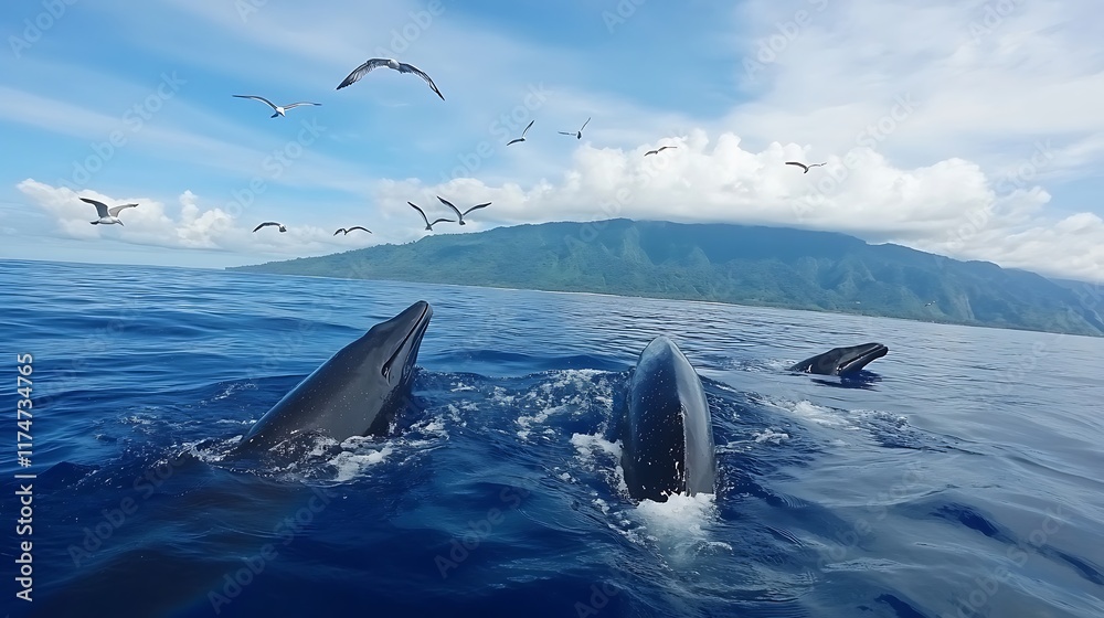 Fototapeta premium Mesmerizing Encounter: Whales and Seabirds in Tropical Paradise