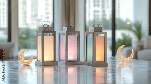 Elegant islamic lanterns illuminating a cozy interior for ramadan decorations photo