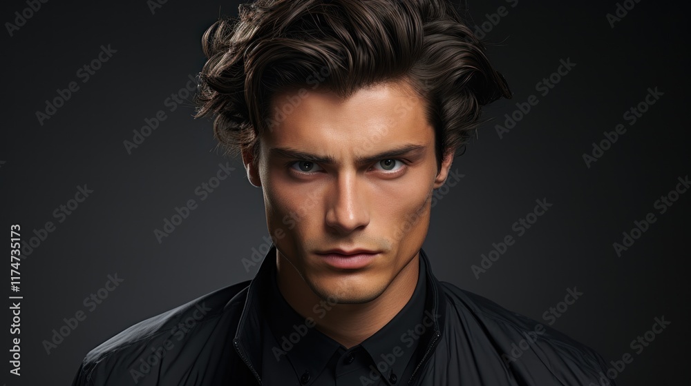 Intense Gaze: A Striking Portrait of a Man with Dark Hair and a Serious Expression Intense Gaze: A Striking Portrait of a Man with Dark Hair and a Serious Expression