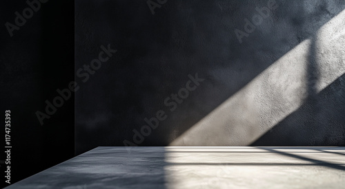 Cement countertops and dark walls with sunlight and shadows,Ideal for Product Presentation Backdrop, Display,