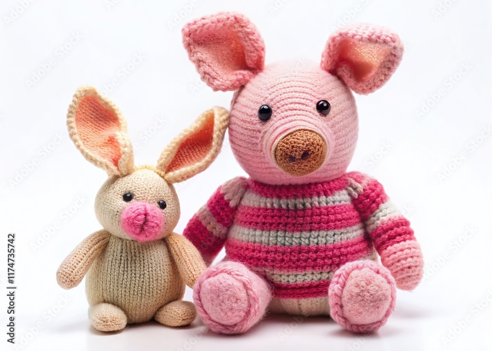 Adorable Knitted Toy Pig and Rabbit Isolated on White Background - Perfect for Children's Products Adorable Knitted Toy Pig and Rabbit Isolated on White Background - Perfect for Children's Products