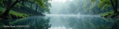 Misty forest pond, still water reflects trees, peaceful, hazy, morning photo