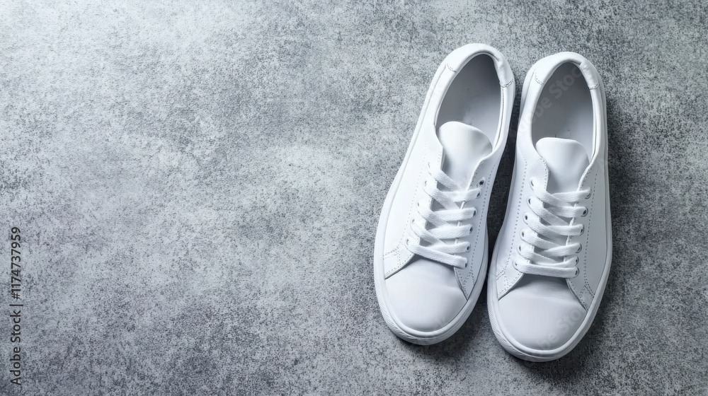 A pair of minimalist white sneakers on a clean concrete floor A pair of minimalist white sneakers on a clean concrete floor