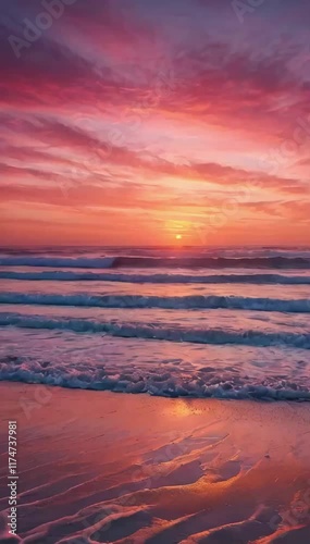 Pink sunset sky over a  beach with pink sand and pink ocean waves