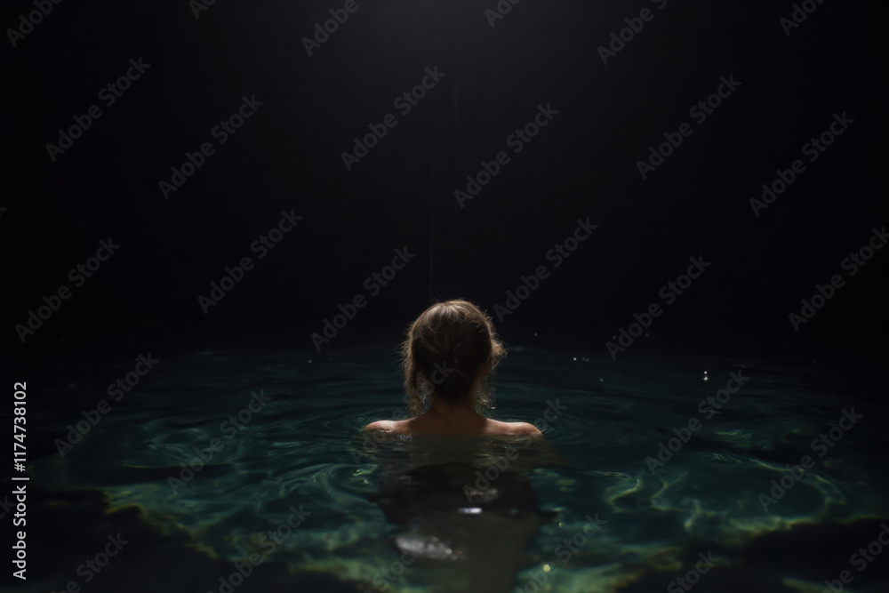 Fototapeta premium a woman in a dark environment, partially submerged in water with their back to the camera. The background is almost entirely black, creating a loneliness and fear.